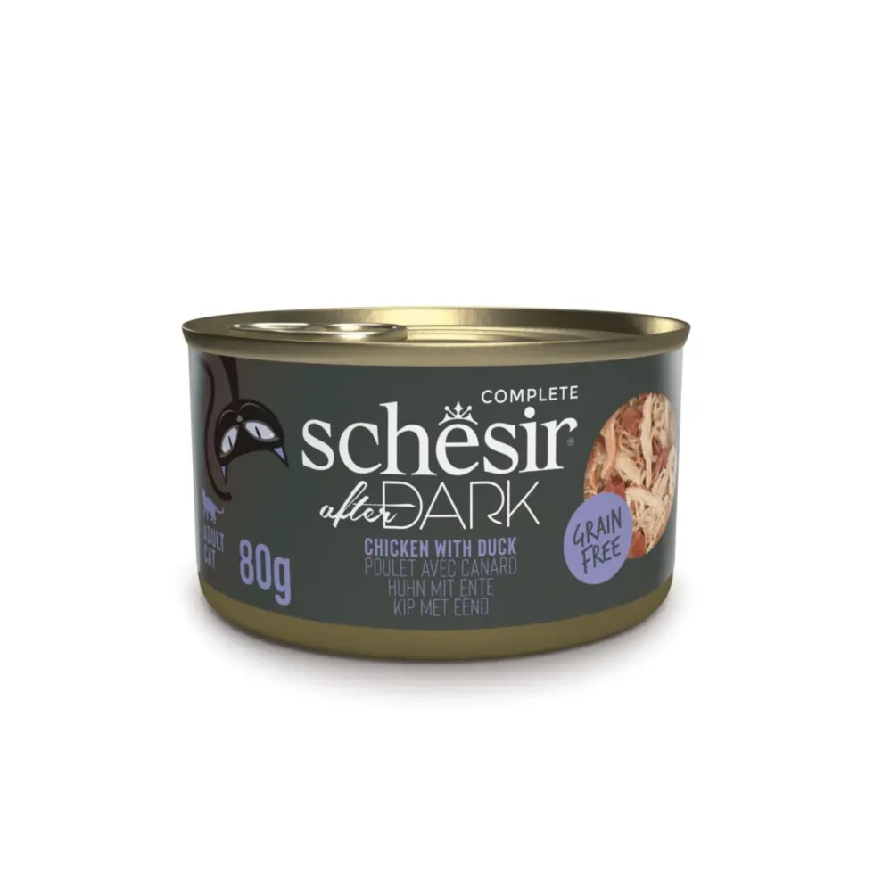 Alimentation humide pour chat filets en bouillon poulet avec canard Schesir After Dark - boîte de 80 g