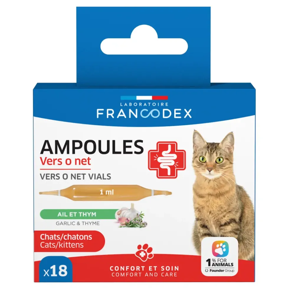 Ampoules confort intestinal pour chat et chaton ail et thym Francodex Vers O Net - x 18 de 1 ml