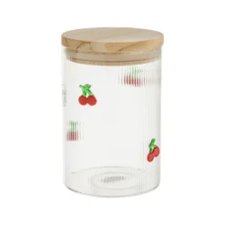 Bocal en verre transparent avec motif cerises rouges et couvercle en bois - Ø 9,5 x H 13,7 cm