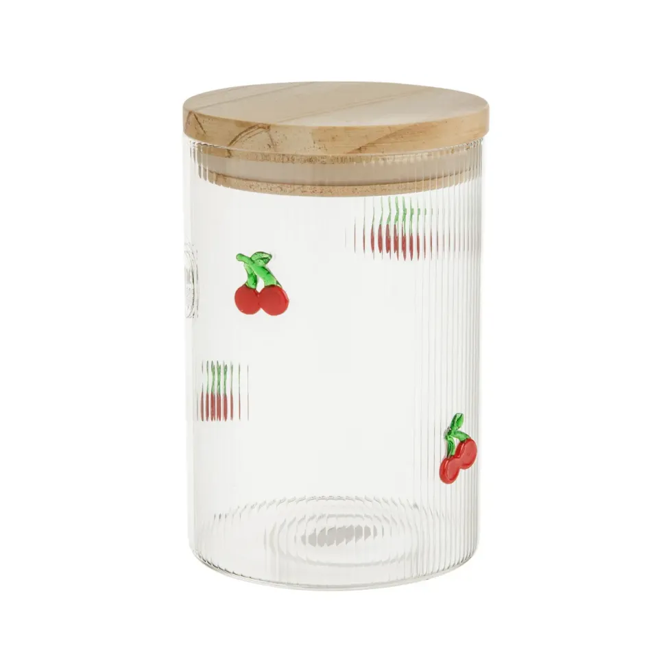 Bocal en verre transparent avec motif cerises rouges et couvercle en bois - Ø 9,5 x H 13,7 cm