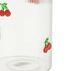 Bocal en verre transparent avec motif cerises rouges et couvercle en bois - Ø 9,5 x H 13,7 cm