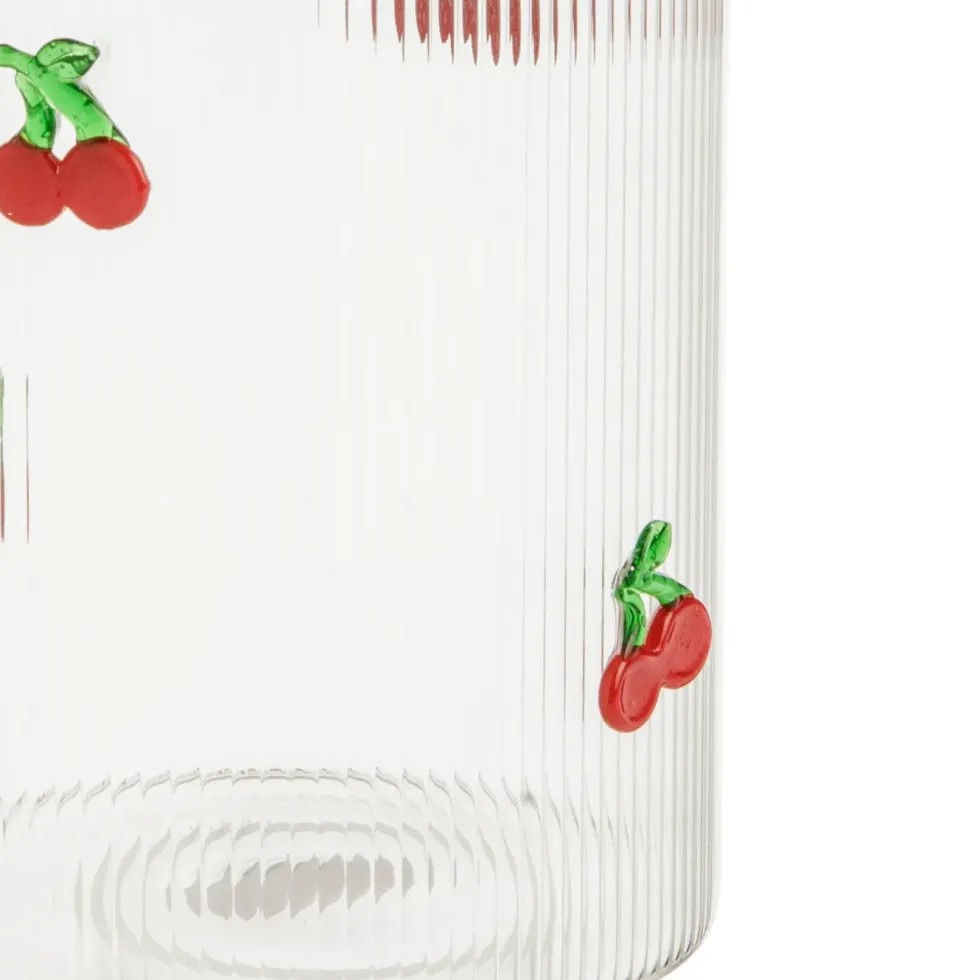 Bocal en verre transparent avec motif cerises rouges et couvercle en bois - Ø 9,5 x H 13,7 cm