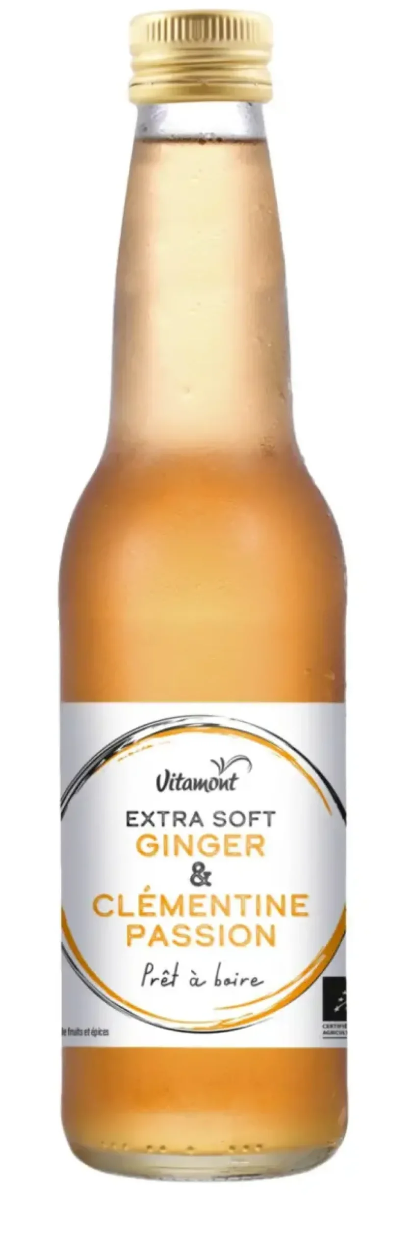Boisson Extra Soft Ginger clémentine fruit de la passion Bio en bouteille de verre Vitamont - 33 cl