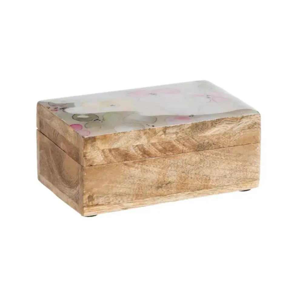 Boîte en bois de manguier à décor floral pêche grand modèle - 20 x 15 x 10 cm