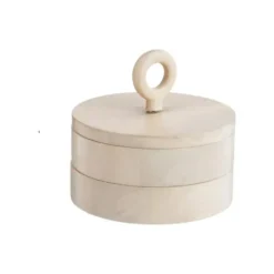 Boîte ronde avec anneau en bois de manguier blanchi - Ø 13 x H 12 cm