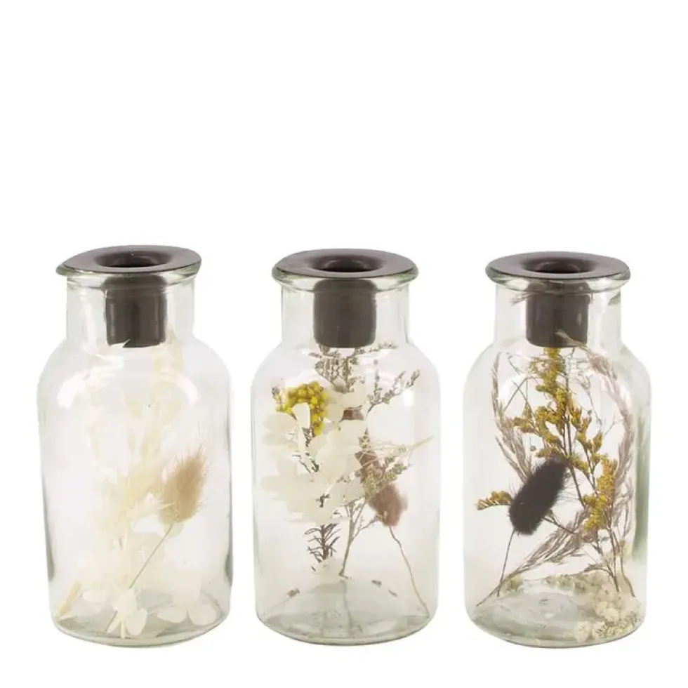 Bougeoir fleurs séchées coloris transparent en verre - 13 cm
