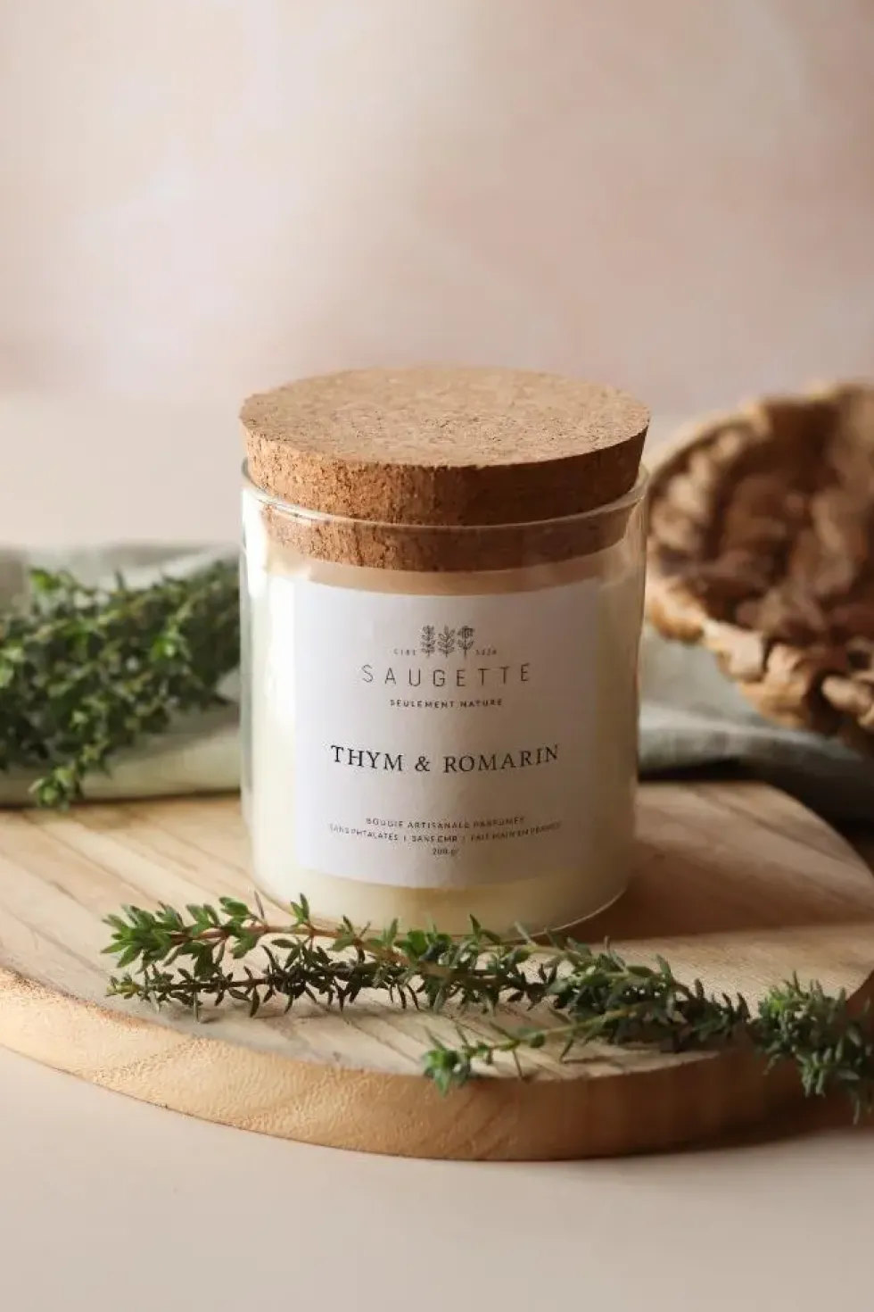 Bougie parfumée avec pochon Saugettes Les Essentielles senteur thym & romarin - 100 g