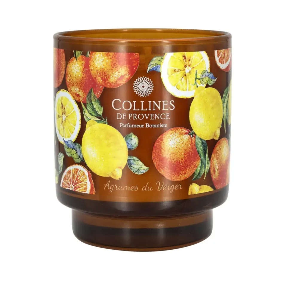 Bougie parfumée en verre décoré senteur Agrumes du Verger Collines de Provence – 220 g