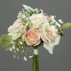 Bouquet de fleurs artificielles roses et gypsophiles coloris rose et crème - 20 cm
