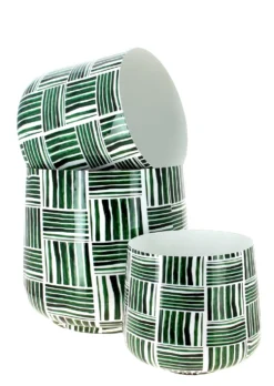 Cache-pot strié coloris vert en zinc taille M - Ø 23 x 20 cm