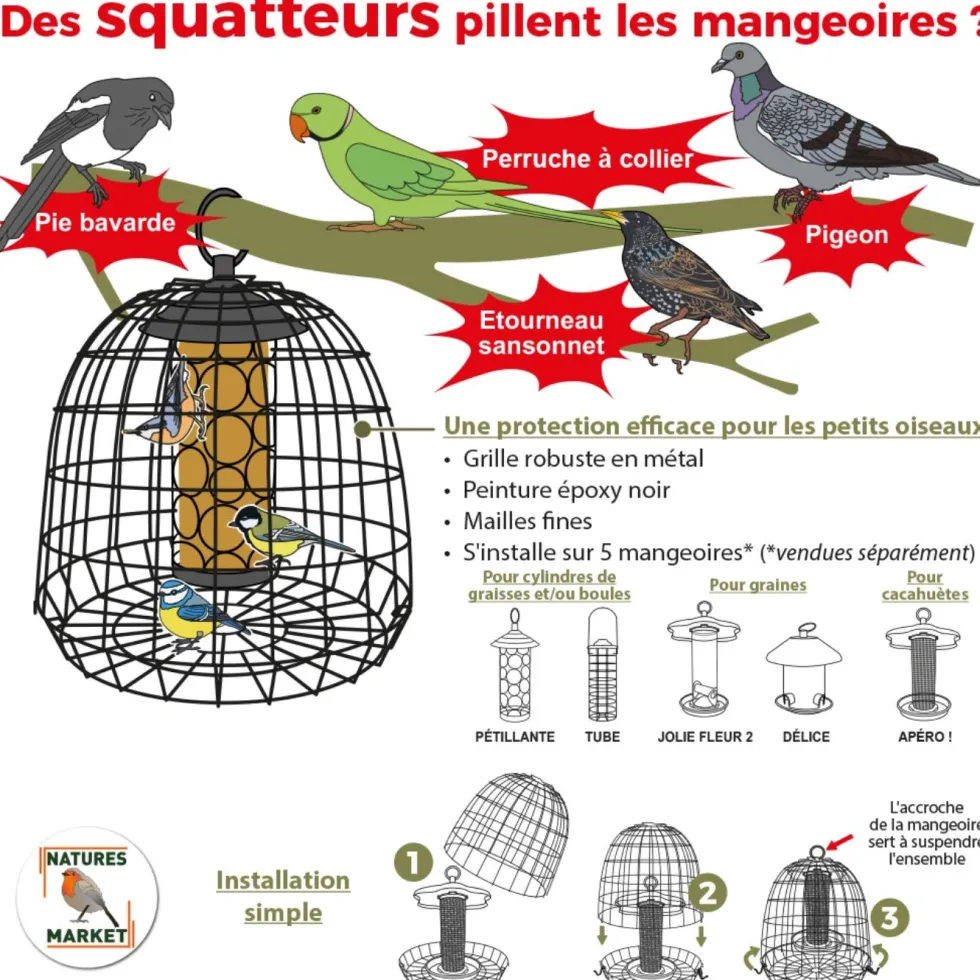 Cage de protection anti-étourneaux noire en métal Ø 27,5 x 25 cm