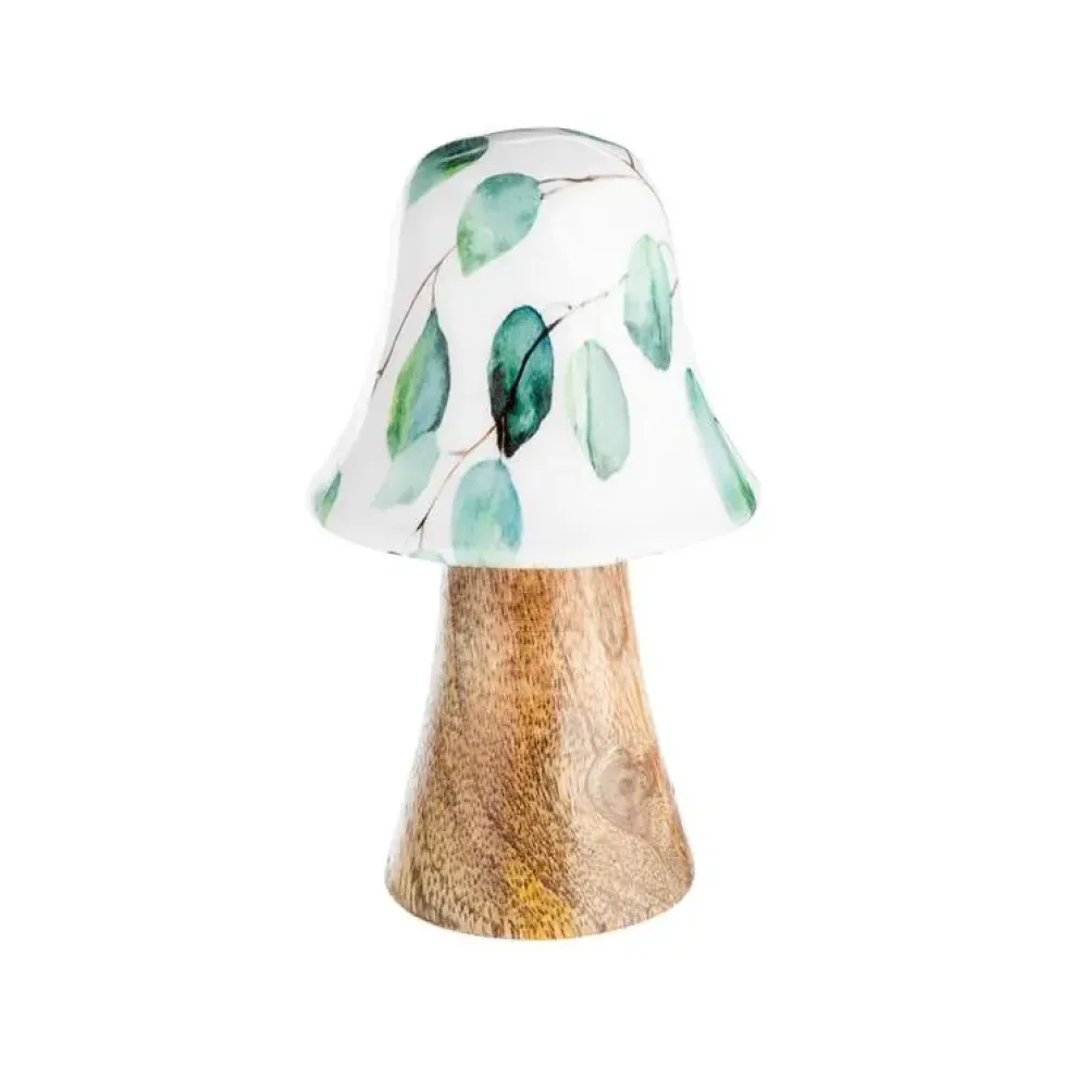 Champignon décoratif long à poser avec pied en bois et chapeau vert et blanc - Ø 6 x H 10 cm