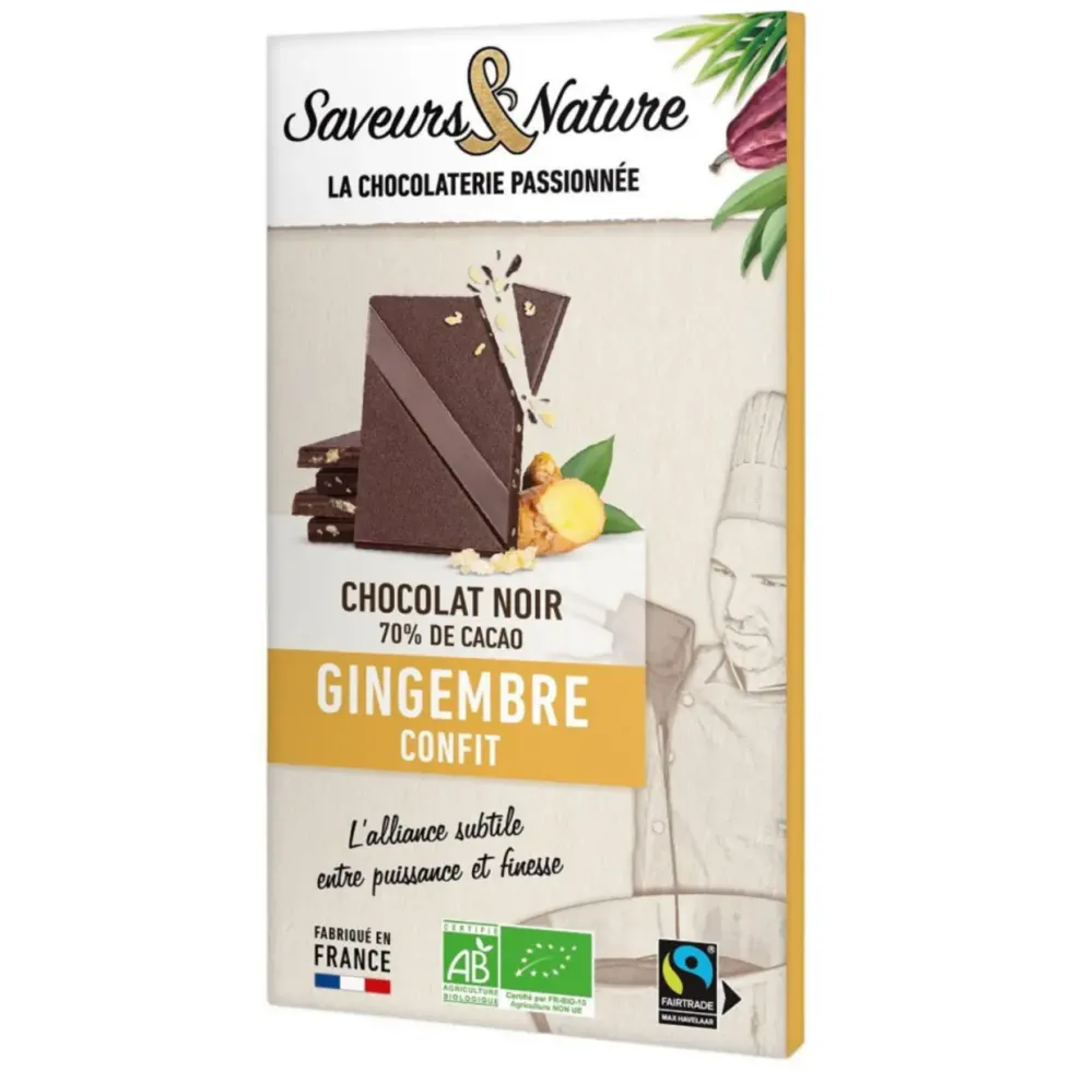 Chocolat noir 70% gingembre bio Saveurs et Nature - 80 g