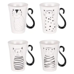 Coffret de 4 mugs en porcelaine blancs et noirs Miaou - 35 cl