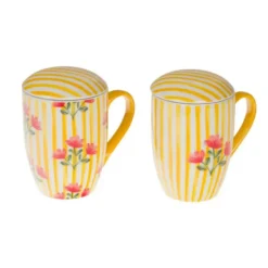 Coffret mug en céramique à rayures jaunes et motif fleurs avec filtre Louise - 12 x 9 x 12 cm