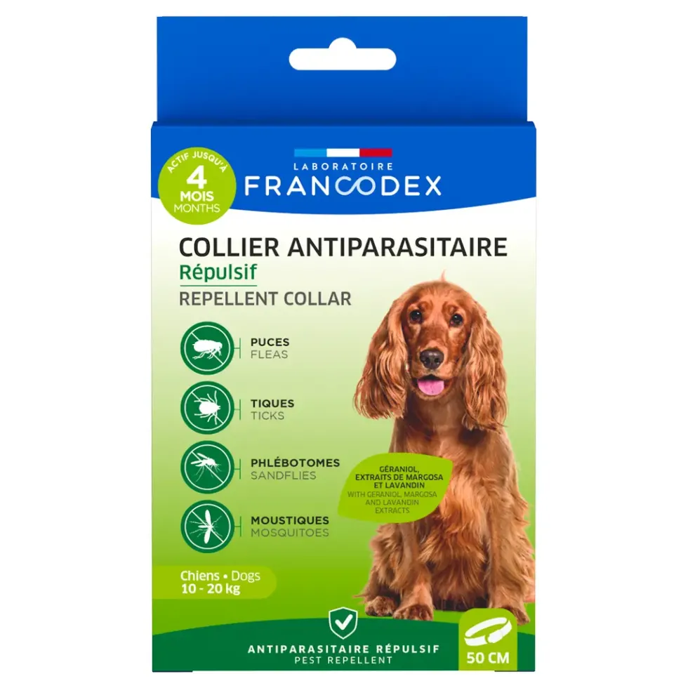 Collier insectifuge pour chien de 10 à 20 kg coloris blanc Francodex - Ø 60 cm