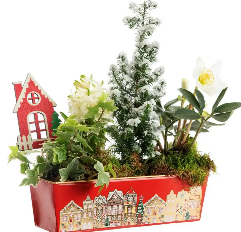 Composition jardinette zinc rouge décor village - 26 cm