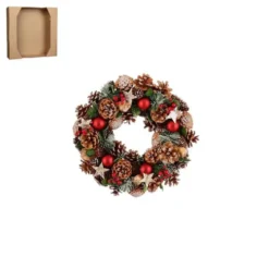 Couronne de sapin, pommes de pin naturelles et décorations colorées Roslyn - Ø 34 x H 9 cm