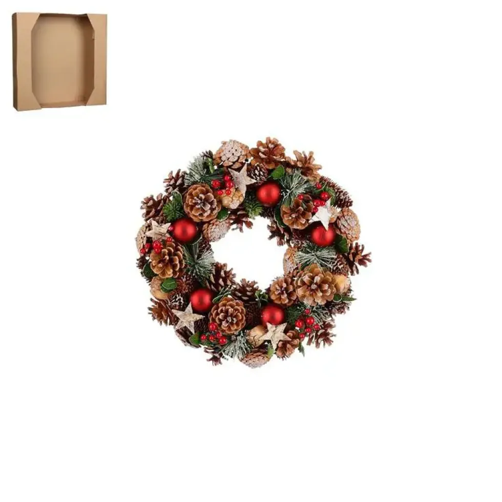 Couronne de sapin, pommes de pin naturelles et décorations colorées Roslyn - Ø 34 x H 9 cm