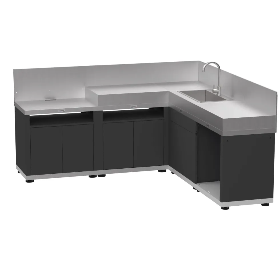 Cuisine d'angle 5 éléments avec crédence coloris gris et noir en acier électrozingué Le Marquier - 215 x 215 x 115 cm