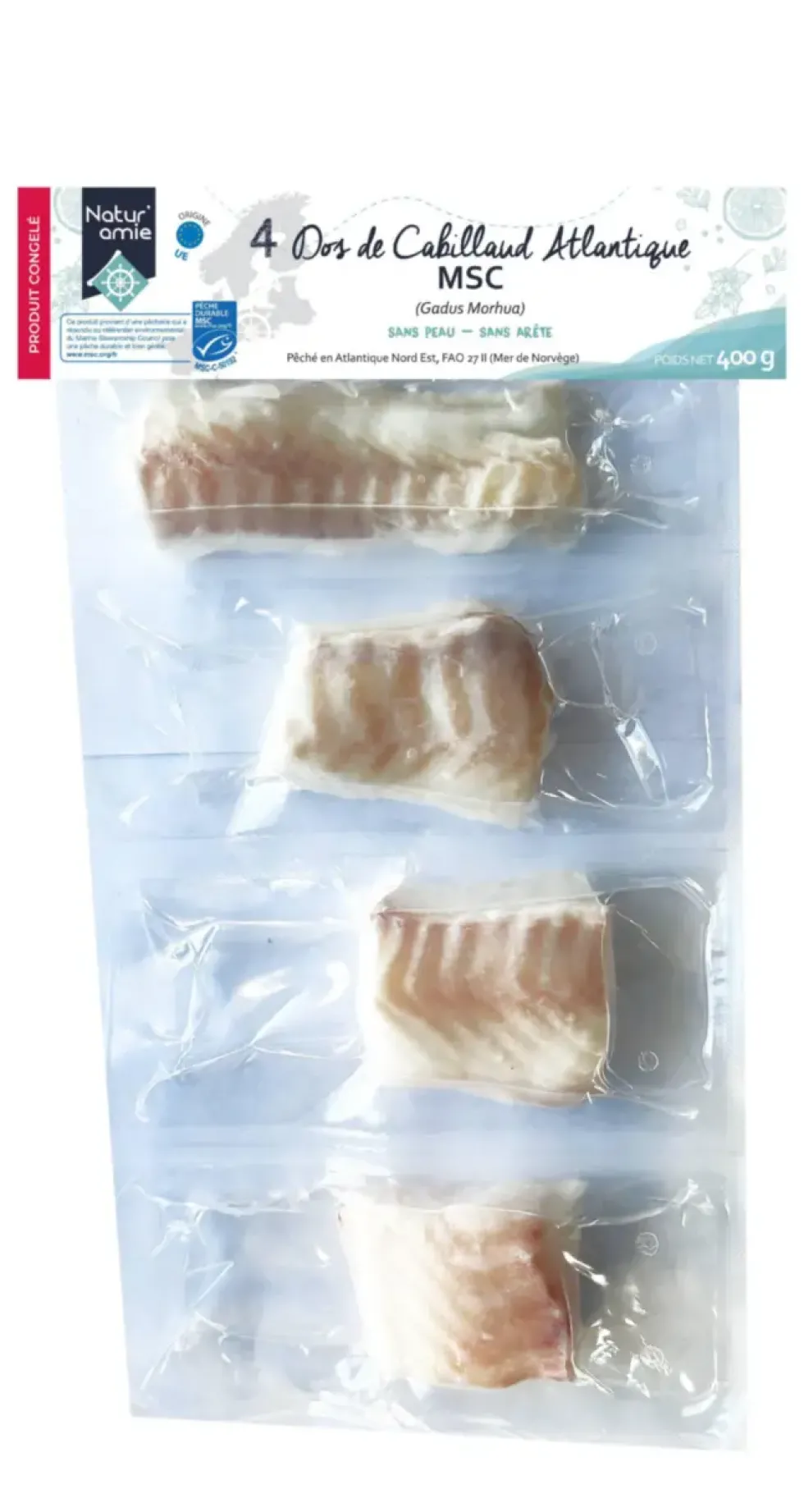 Dos de cabillaud Atlantique MSC surgelés bio Natur’Amie - 600 g