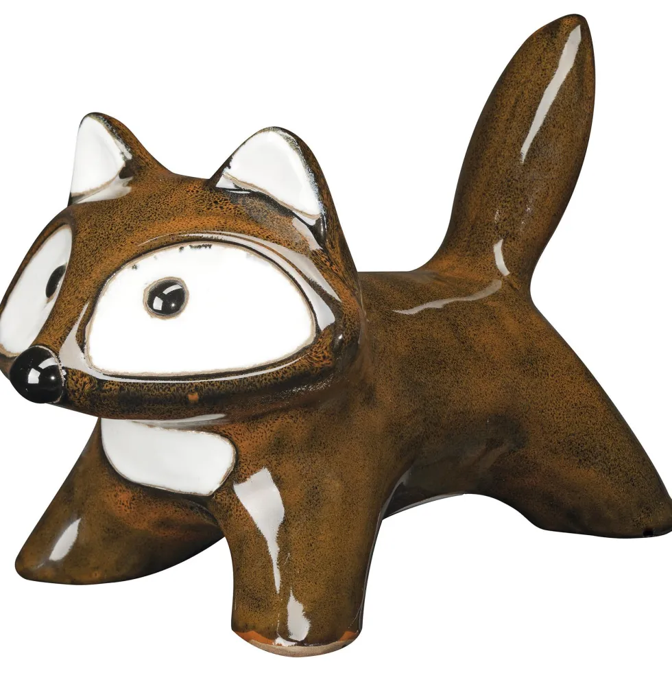 Figurine décorative renard coloris marron en terre cuite émaillée - 28 x 14,5 x 1 cm