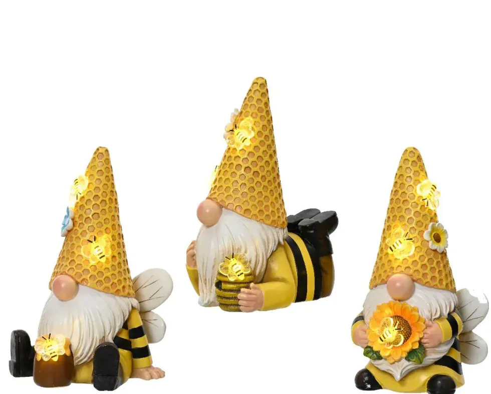 Figurine solaire décorative gnome abeille coloris blanc chaud - 9 x 9 x 17,5 cm
