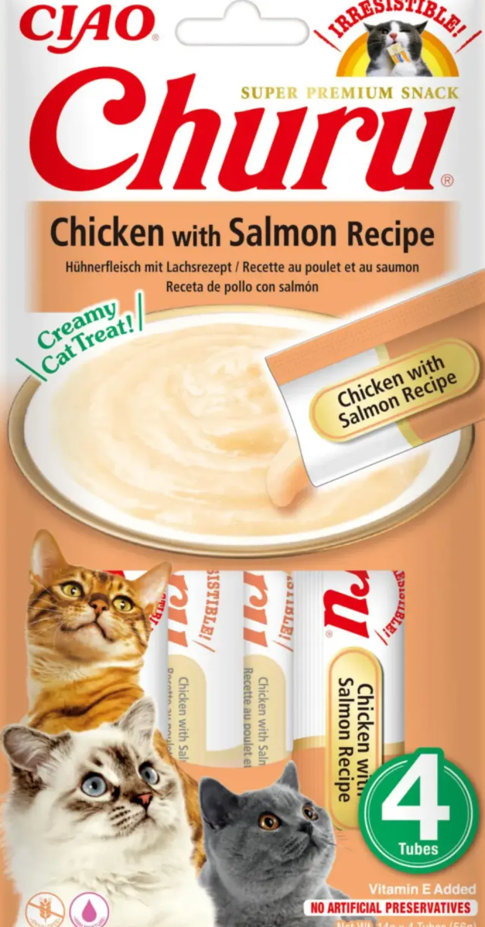Friandise en crème pour chat poulet et saumon Inaba Ciao Churu - 4 x 14 g