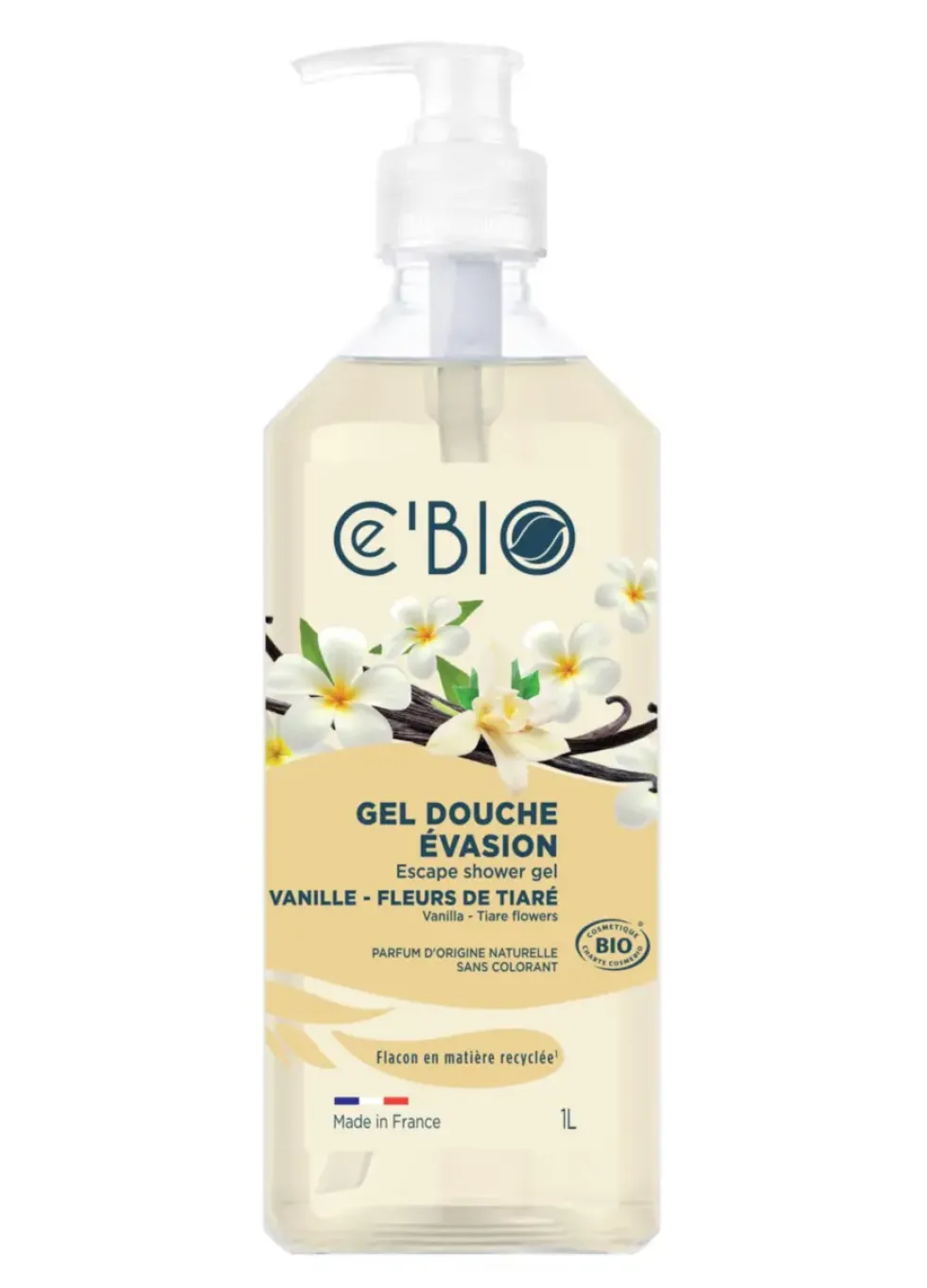 Gel douche bio évasion en flacon pompe C’Bio vanille fleurs de tiaré - 1 L