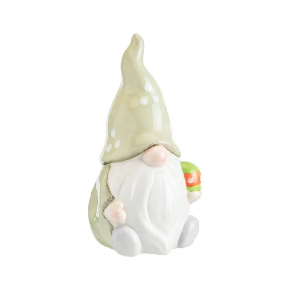 Gnome à poser vert et blanc en dolomite Printemps petit modèle - Ø 8,5 x H 17 cm