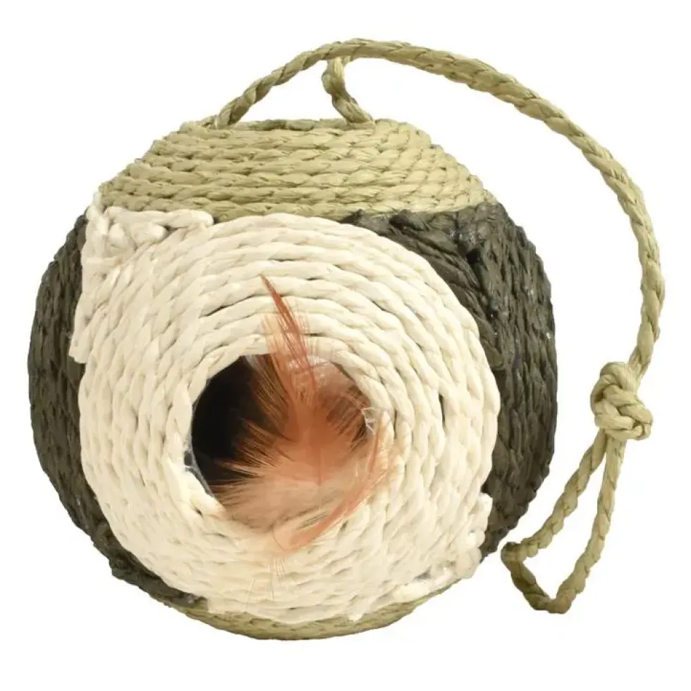 Griffoir rond en corde vert avec plumes naturelles Bobby Griffoir Facette - Ø 10 cm