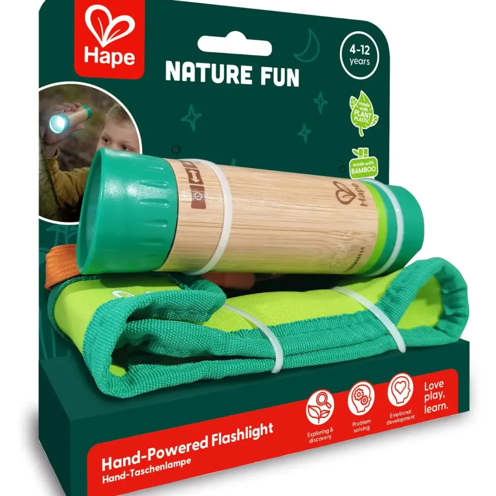 Lampe de poche manuelle avec étui en bambou et plastique à base de plantes Hape à partir de 5 ans - 4,2 x 4,2 x 13,5 cm