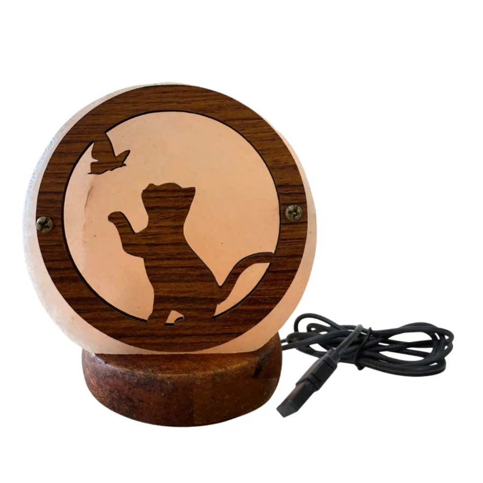 Lampe USB ronde en sel de l’Himalaya motif chat et papillon Idea for Project - 700 g