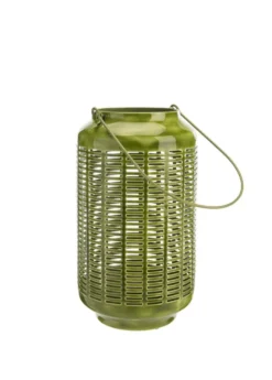 Lanterne en métal émaillé décor lignes coloris vert - 15,5 x 23 x 27 cm