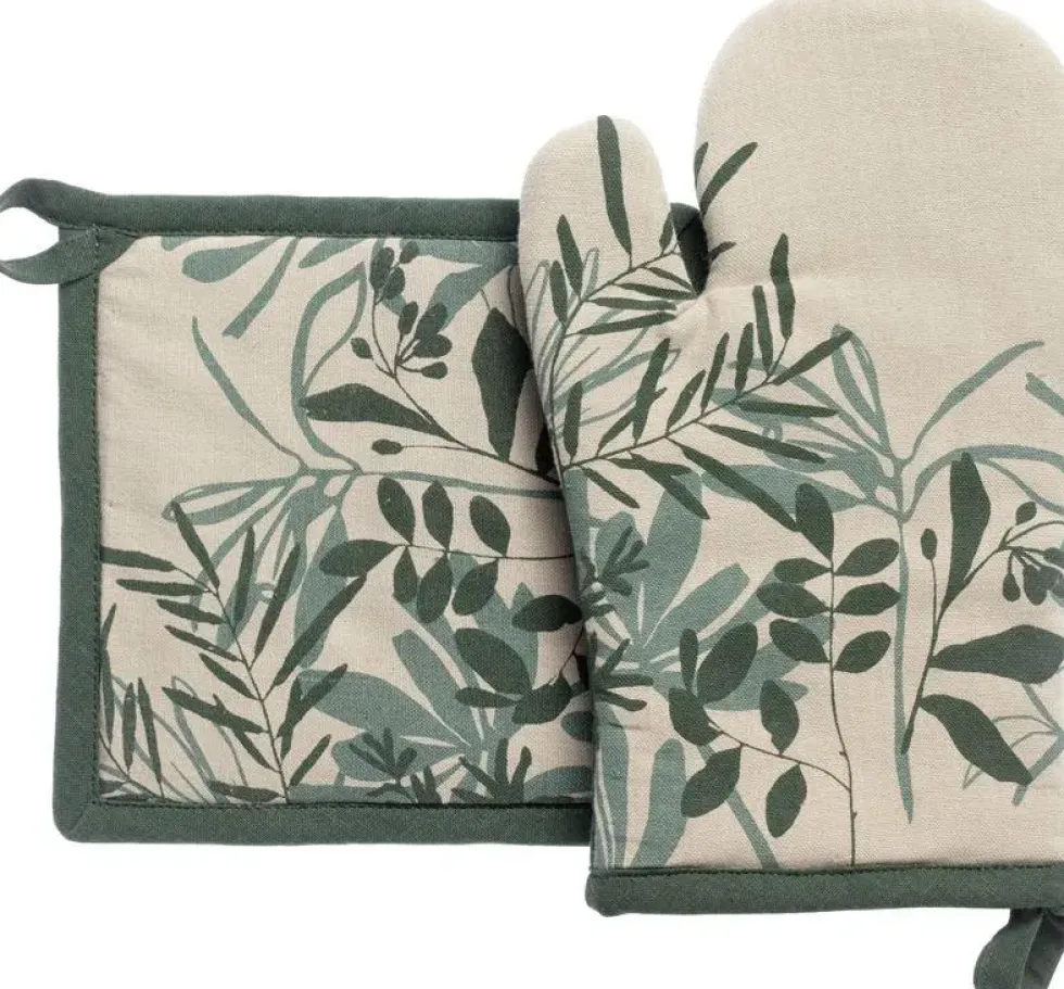 Lot gant et manique en coton motif végétal vert Majda - 18 x 28 cm