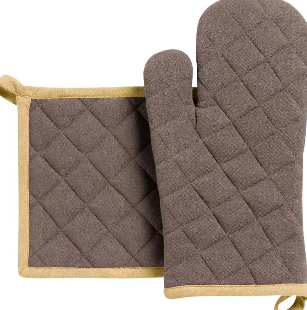 Lot gant et manique en coton recyclé coloris café Grace - 32 x 18 cm