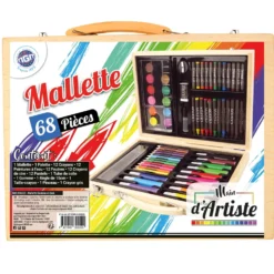 Malette en bois de dessin et peinture Main d’artiste - les 68 pièces