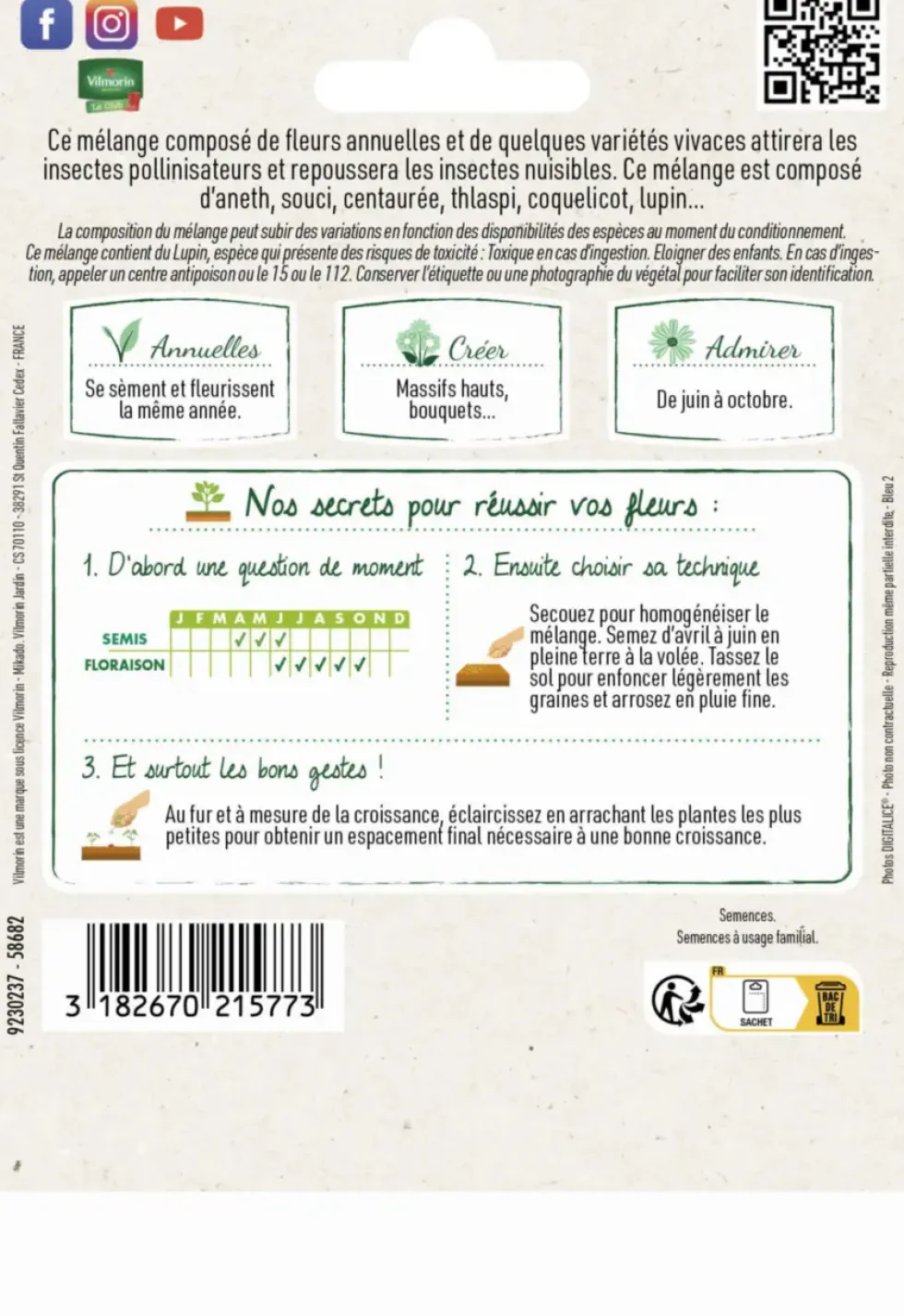 Mélange de fleurs utiles au potager Vilmorin - graines à semer pour 10 m² de surface