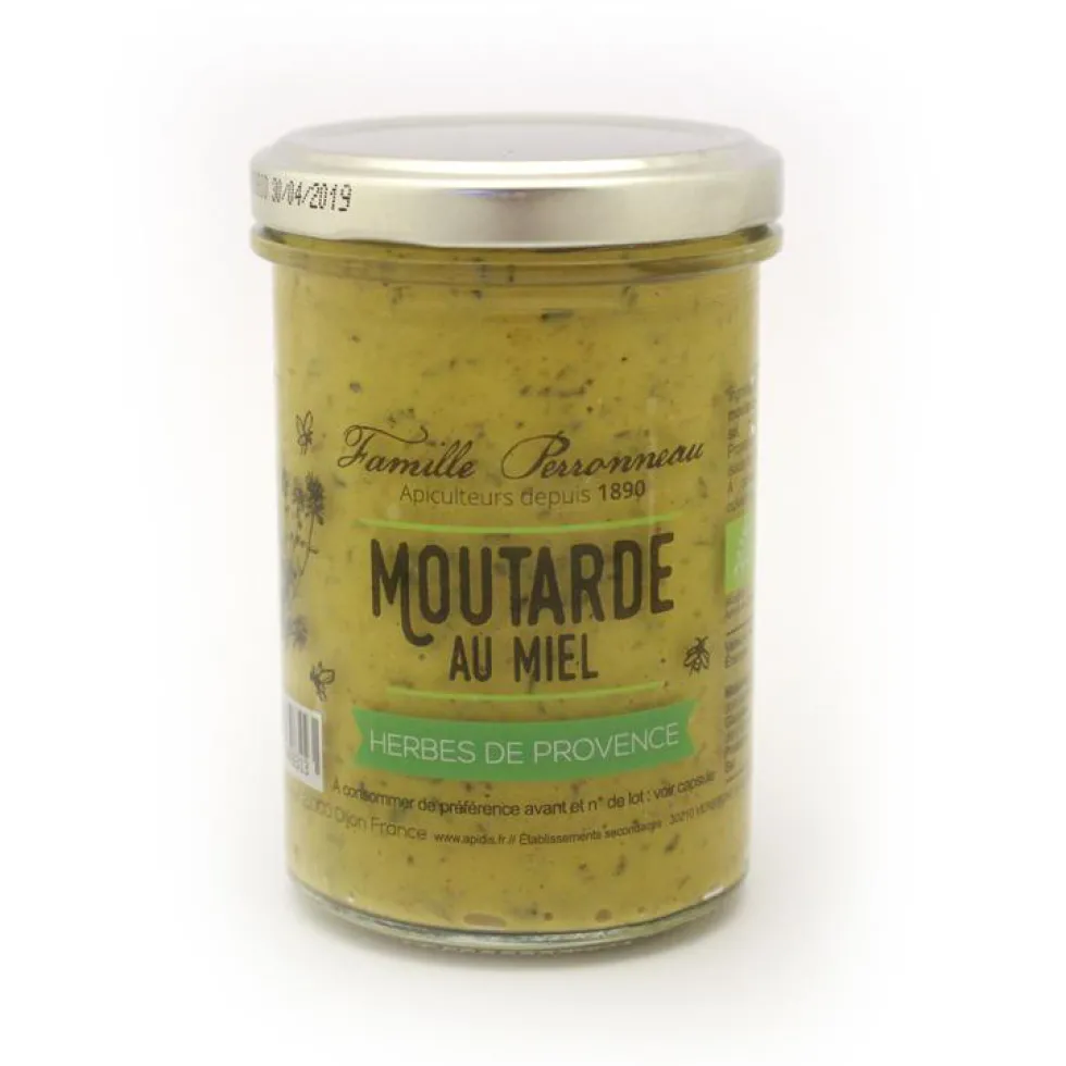Moutarde au miel et aux herbes de Provence en pot de verre de 210 g