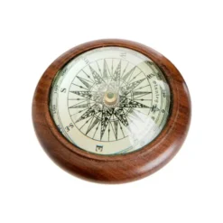 Objet décoratif boussole vintage en verre et acacia naturel - Ø 10 x H 4,5 cm