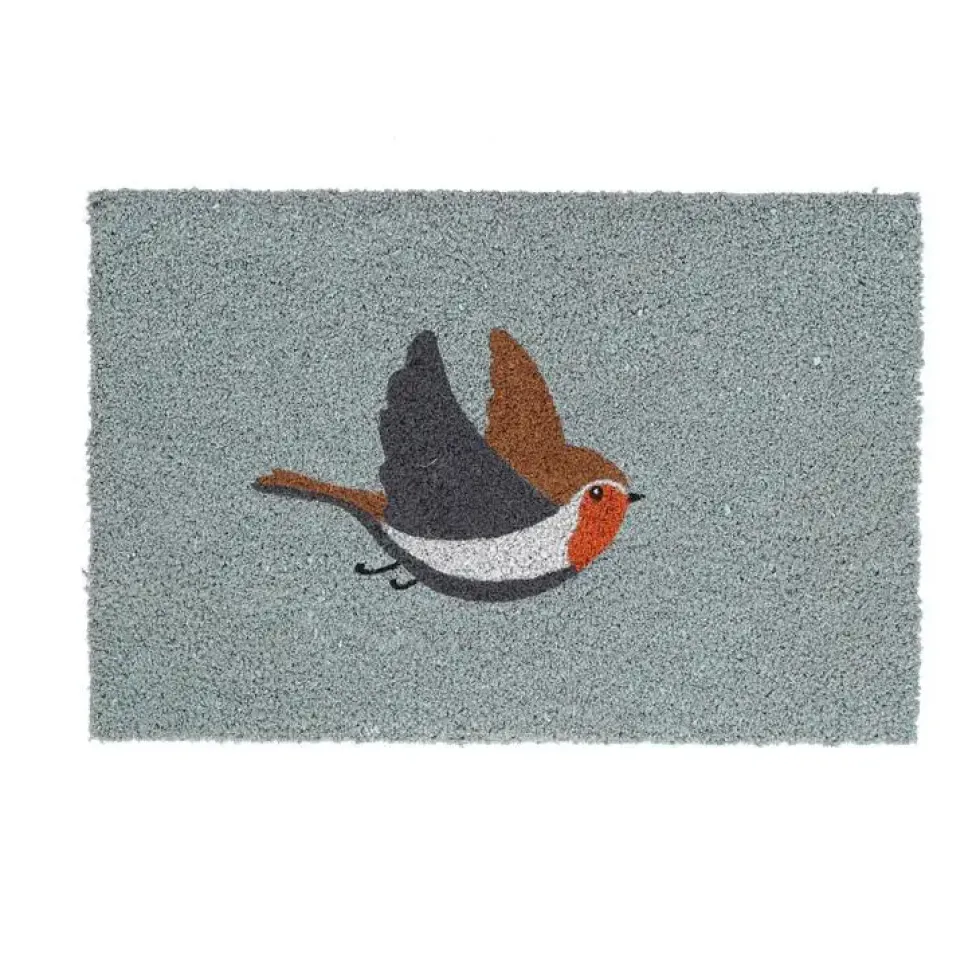 Paillasson en fibre de coco motif central rouge-gorge - 60 x 40 cm