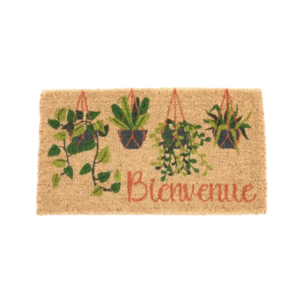 Paillasson en fibre de coco motif plantes vertes en pot Bienvenue - 72 x 40 cm