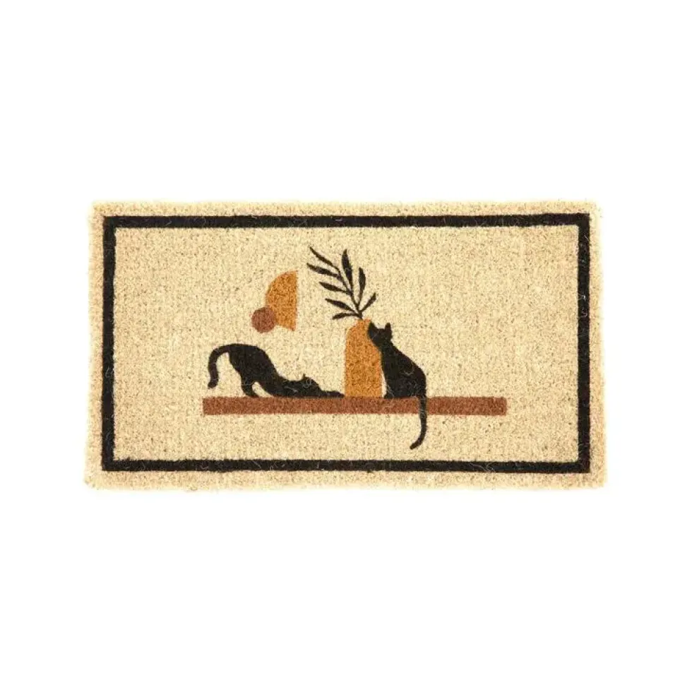 Paillasson en fibre de coco motif 2 chats sur étagère - 72 x 40 cm