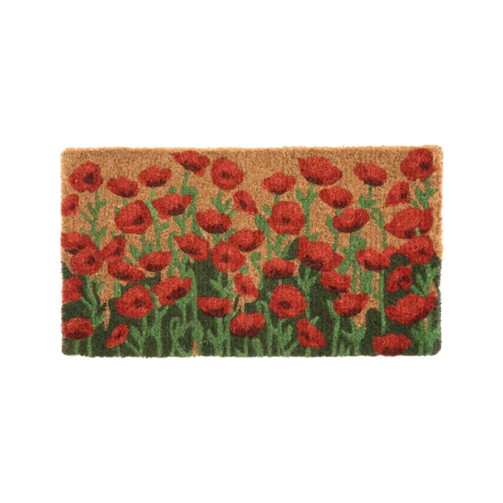 Paillasson en fibre de coco motif champs de coquelicots rouges - 72 x 40 cm