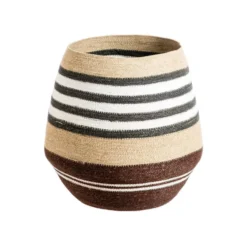 Panière rayée naturel/marron/blanc à base rétrécie en osier grand modèle - Ø 45 x H 44 cm