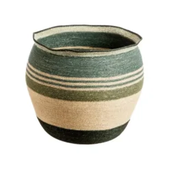 Panière ronde rayée vert/bleu/beige en osier grand modèle - Ø 49 x H 40 cm