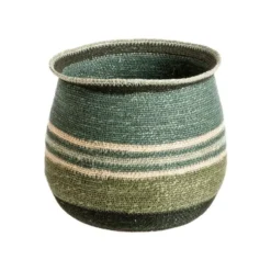 Panière ronde rayée vert/bleu en osier petit modèle - Ø 29 x H 25 cm