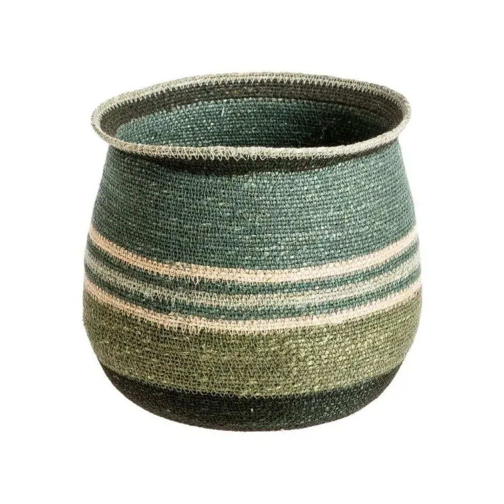 Panière ronde rayée vert/bleu en osier petit modèle - Ø 29 x H 25 cm