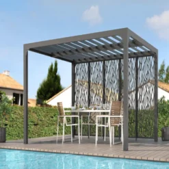 Pergola bioclimatique coloris gris en aluminium - 3,6 x 3 m