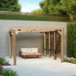 Pergola coloris beige en bois traité très haute température - 3,41 x 3,13 m